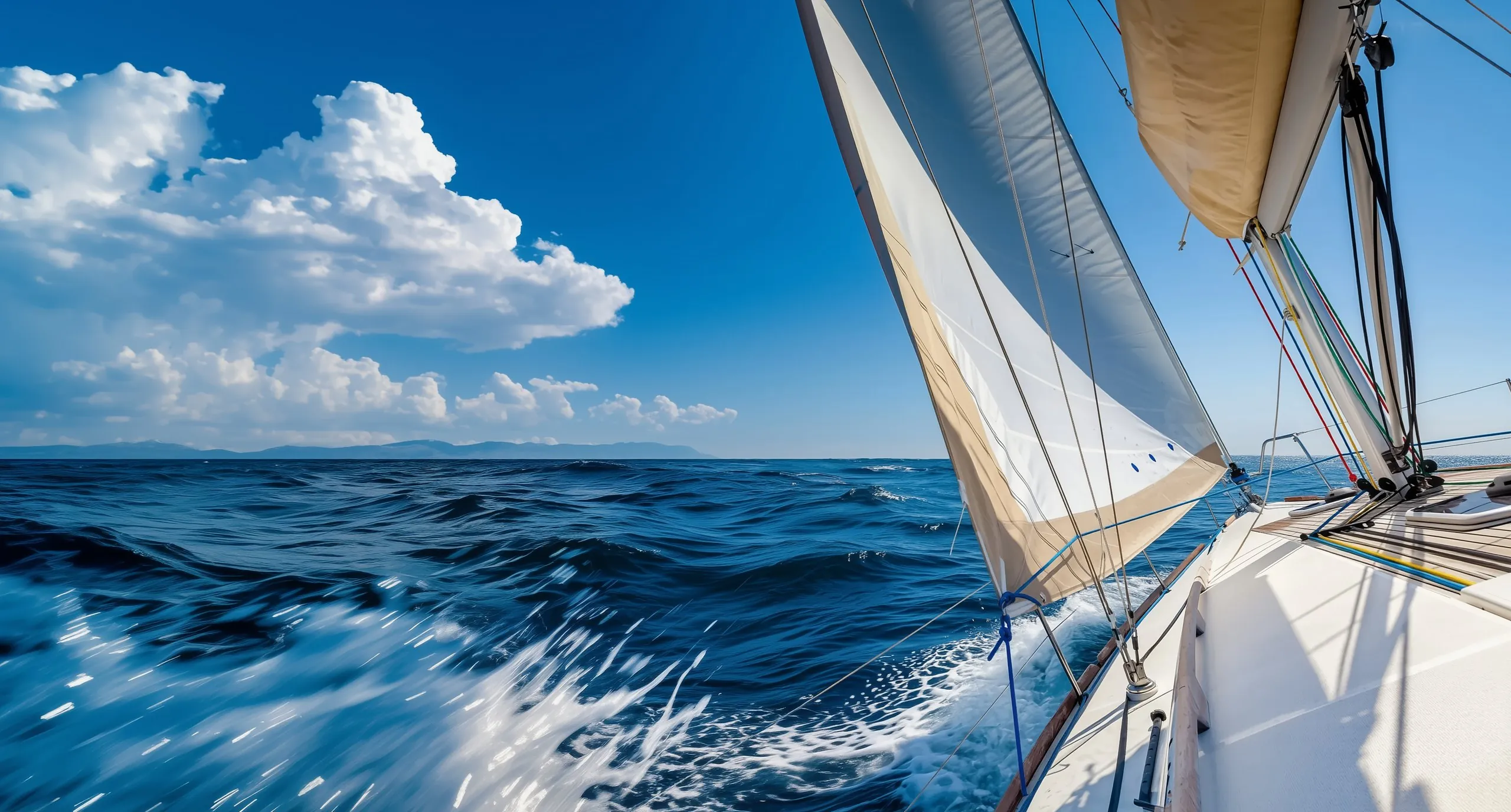 Sailing on open water under a bright blue sky