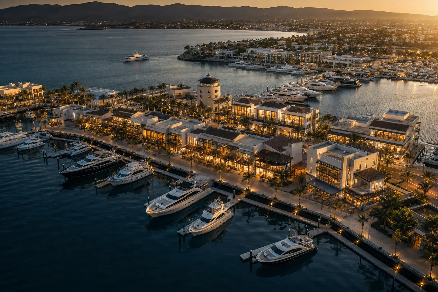 Aerial view of an upscale coastal marina development at golden hour
